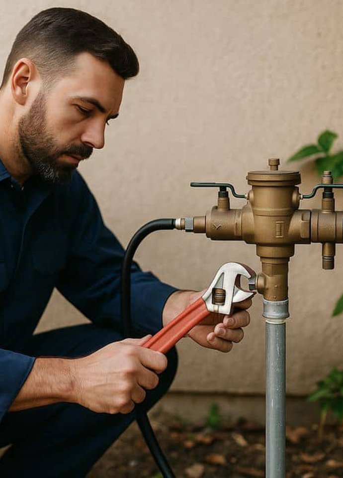 Technician testing residential backflow device