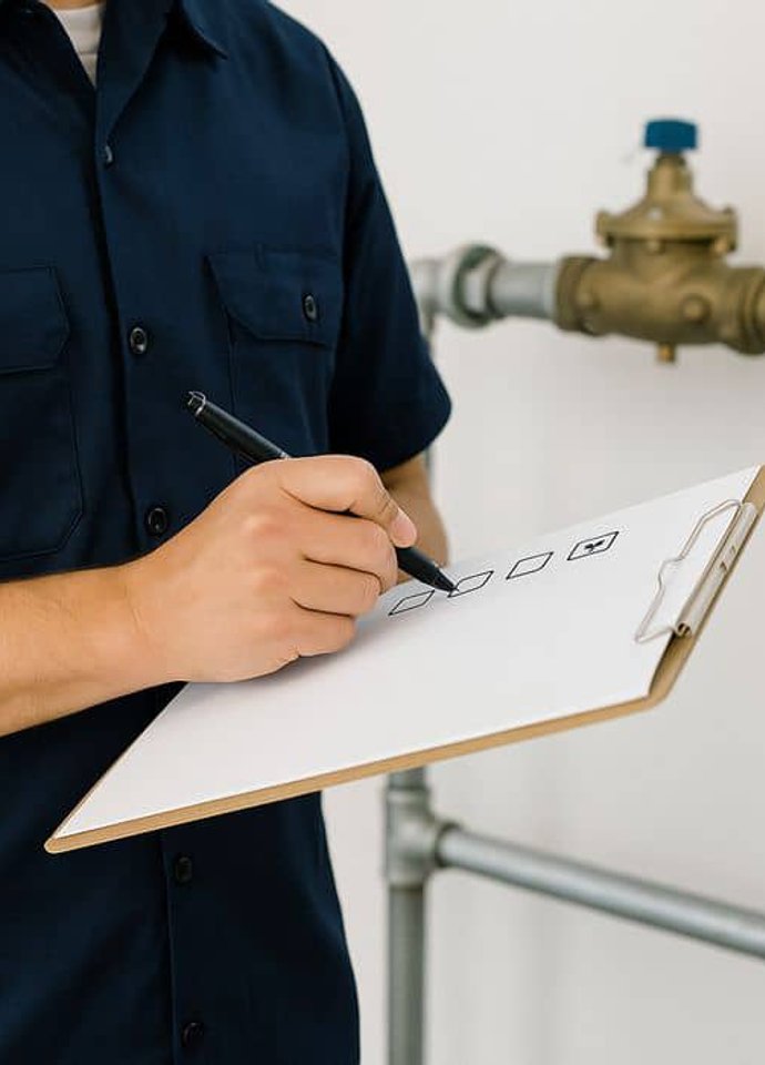 Technician taking notes during backflow inspection