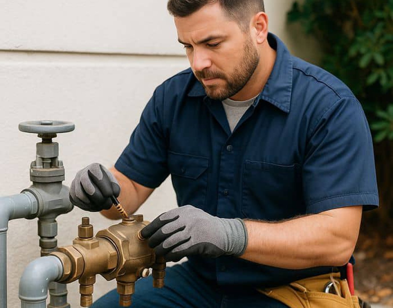 Technician adjusting backflow prevention valve